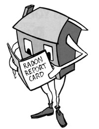 Cartoon of Home with arms and legs reading a radon report card